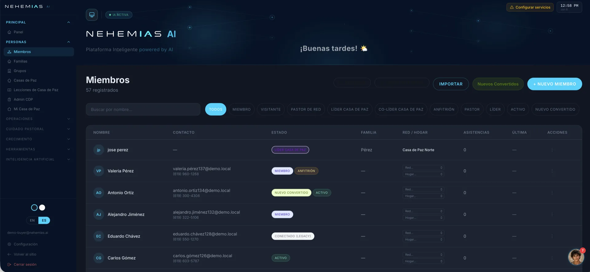 Gestión de miembros con perfil 360 en Nehemías AI